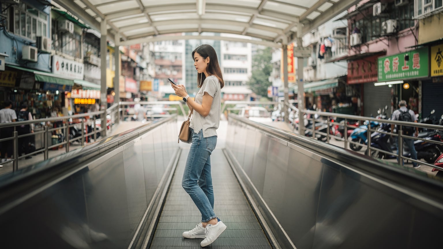 一名年轻游客在香港中环的半山扶梯上,一边欣赏街景一边用手机查看eSIM套餐信息,手指在屏幕上滑动,背景是繁忙的城市街道。