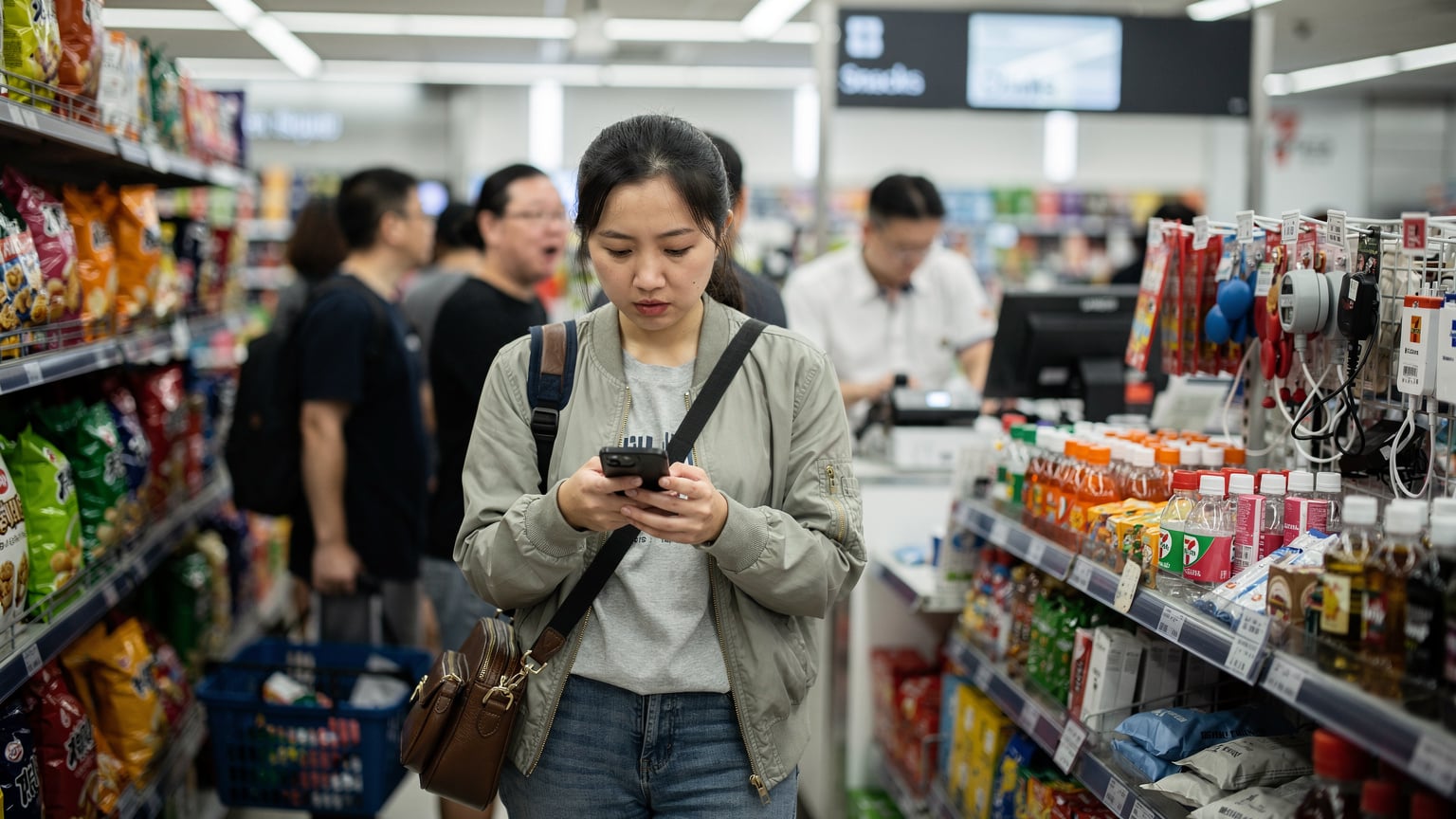 一名中国游客在香港机场的便利店里排队购买实体SIM卡,表情略显焦急,旁边是各种旅行必备商品的货架。