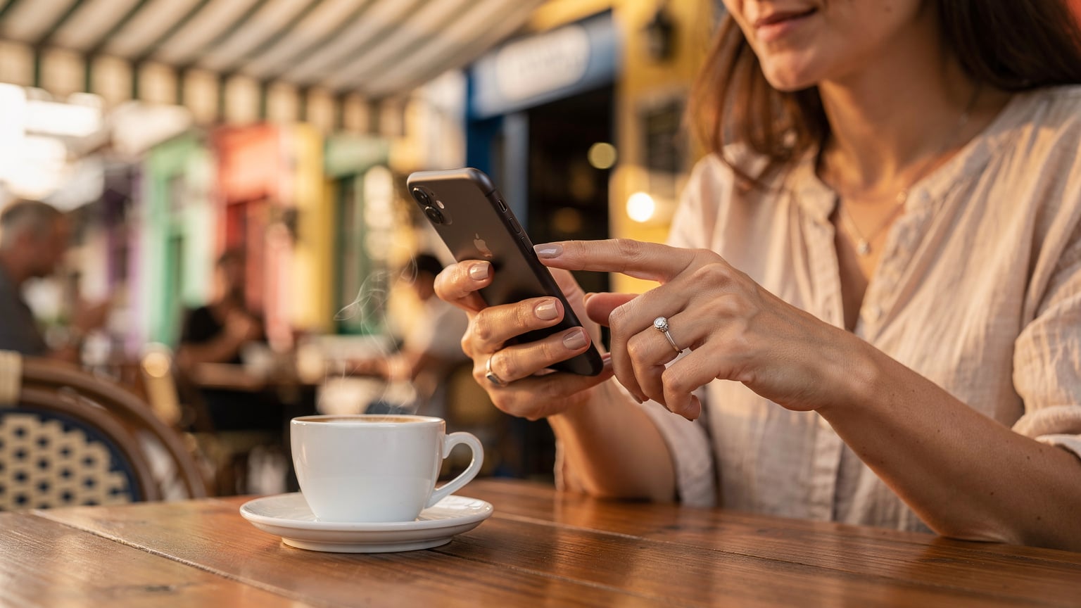 A woman activating her eSIM on her smartphone while sipping coffee at a charming outdoor cafe in Thessaloniki, Greece.