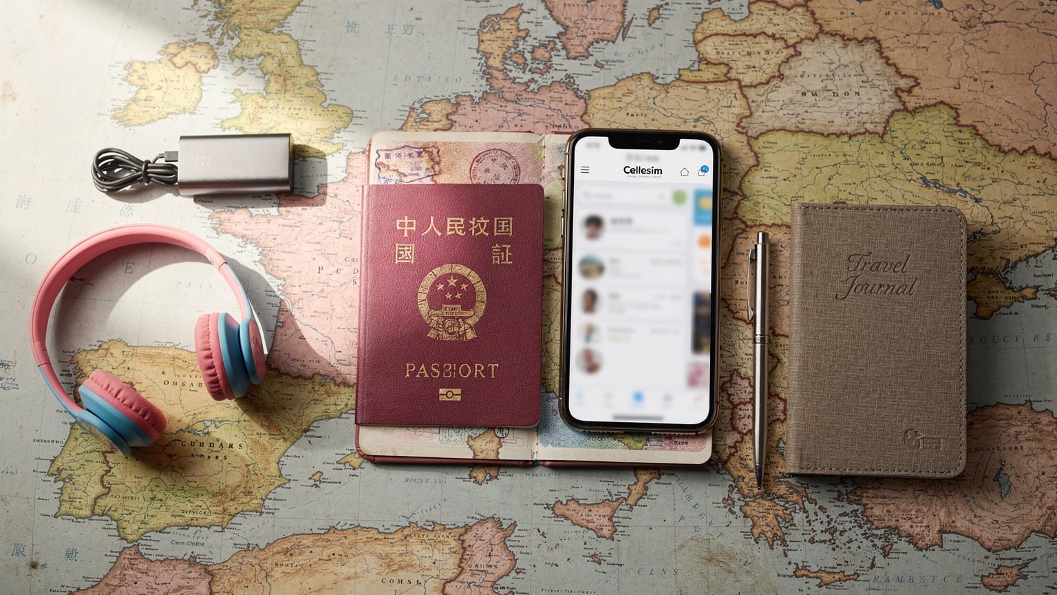 一张精美的旅行平铺图,展示了护照、几张eSIM卡片(示意性,非实体)、充电宝、迷你儿童耳机、一本旅行日记本和一支笔,所有物品都摆放在一张地图上,充满规划感和旅行的期待。