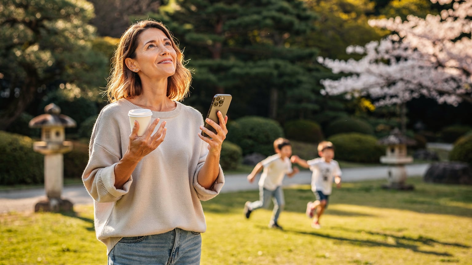 Seorang ibu memegang ponselnya dengan nyaman, tersenyum, dengan anak-anaknya yang ceria bermain di latar belakang di sebuah taman di Kyoto, menunjukkan kebahagiaan dan konektivitas yang lancar.