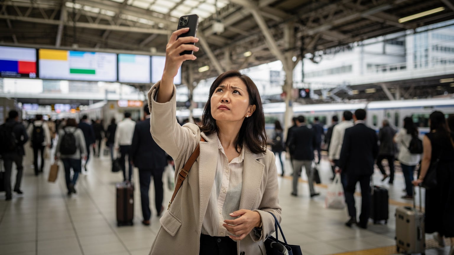 Seorang ibu sedang mencari sinyal atau informasi di ponselnya dengan latar belakang stasiun kereta yang sibuk di Tokyo, menunjukkan momen frustrasi saat konektivitas tidak stabil.