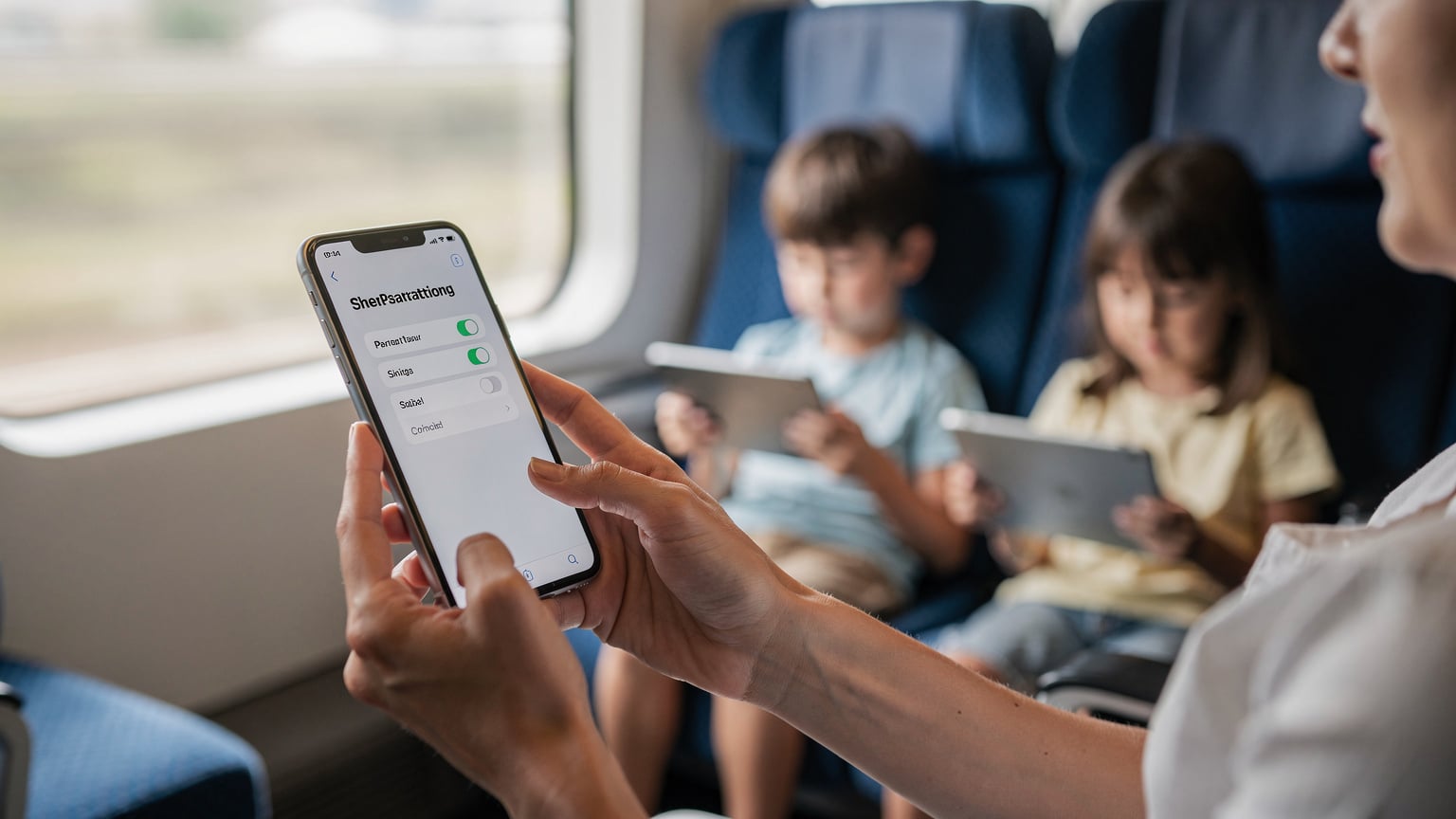 Tangan seorang ibu dengan lembut memegang ponselnya, menampilkan layar pengaturan parental control, sementara di latar belakang terlihat anak-anaknya yang sedang asyik bermain dengan iPad di kursi kereta Shinkansen.