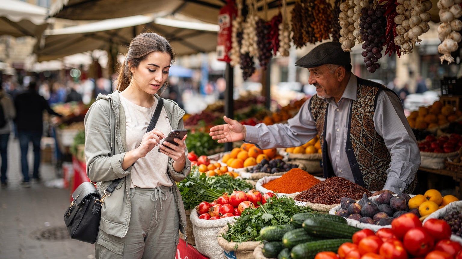Ein belebter Marktstand in Baku, Aserbaidschan, mit einem Reisenden, der sein Smartphone benutzt, um eine lokale App zu bedienen.