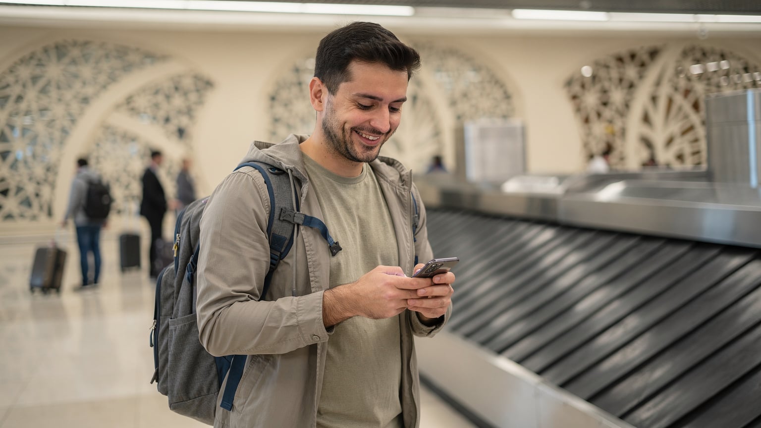 Ein Reisender am Flughafen Baku, der nach der Landung seine eSIM aktiviert, um sofort online zu sein.