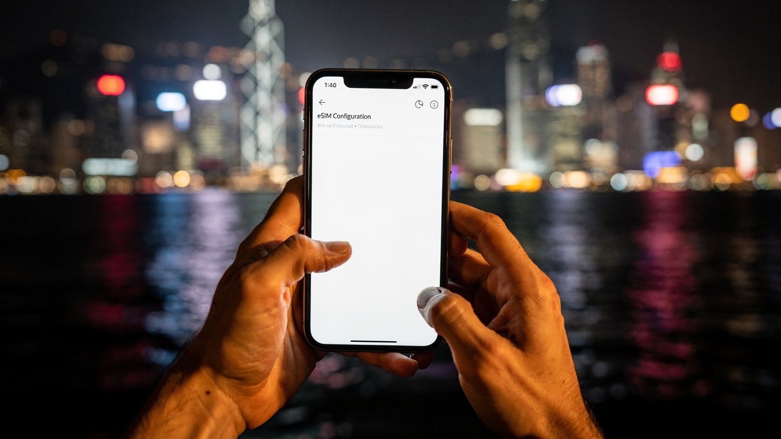 一雙手正在操作智能手機,屏幕上顯示著eSIM的設定界面,背景是香港維多利亞港的夜景。