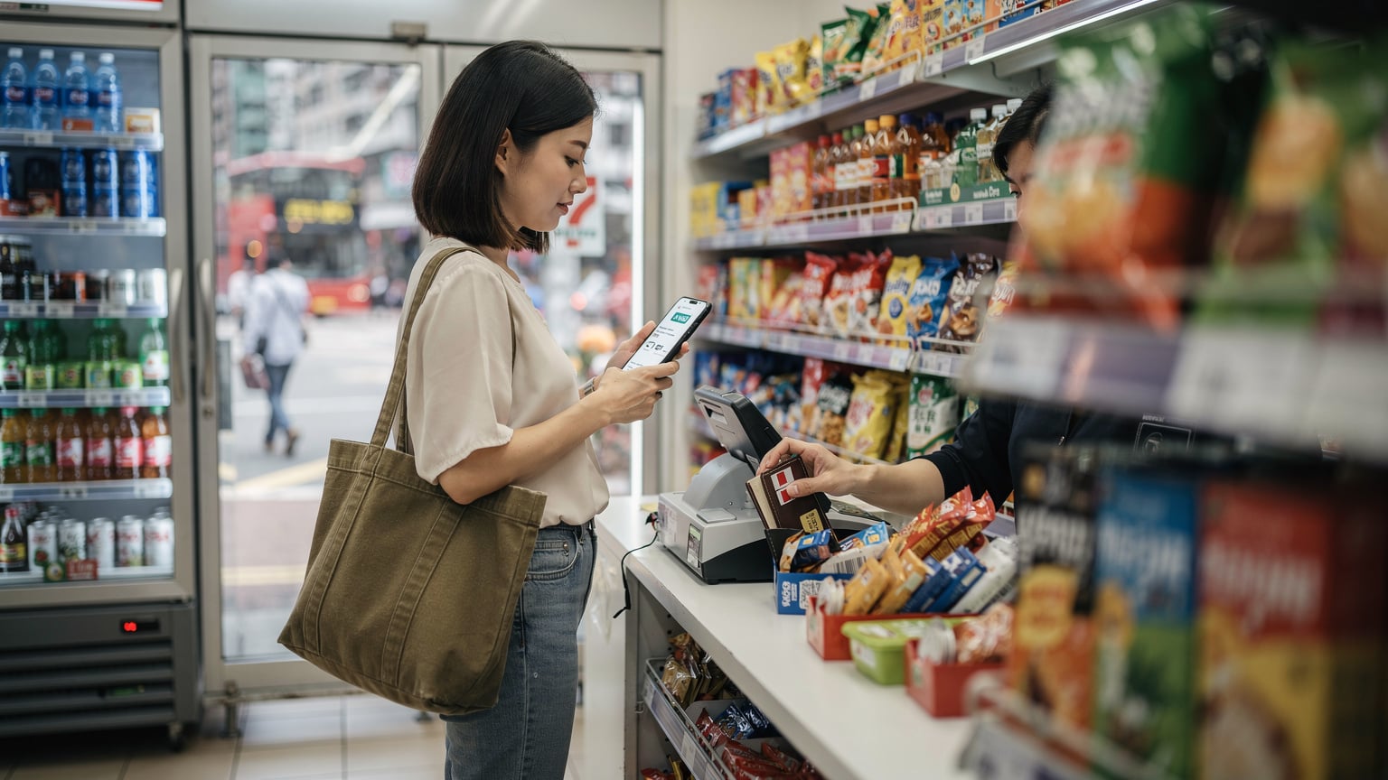 一位旅客在香港街頭的便利店購買飲品,同時她的手機上顯示著eSIM激活成功的界面,周圍是繁忙的都市景象。