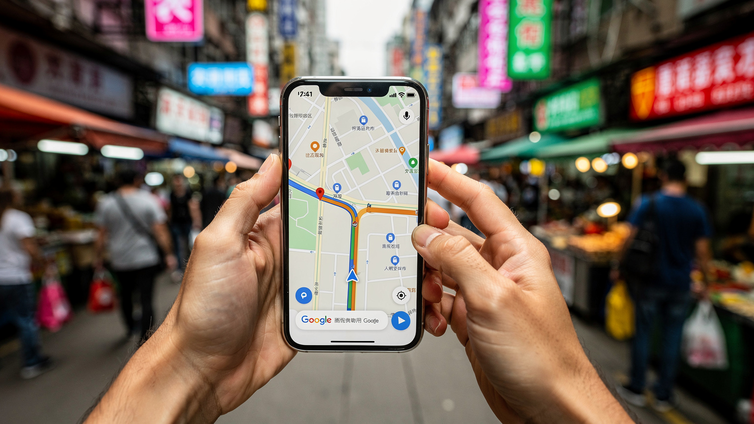 一雙手握著iPhone,屏幕上顯示著Google Maps的實時導航界面,背景是香港旺角熙熙攘攘的街頭景象。