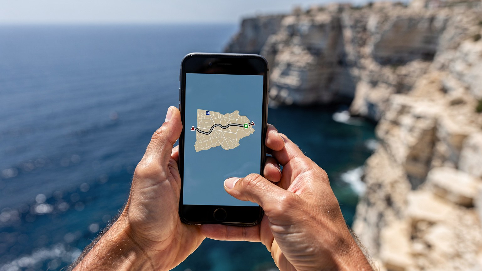 Ręce trzymające smartfon z otwartą aplikacją map, wyświetlającą trasę po Malcie, z tłem morza i skał.