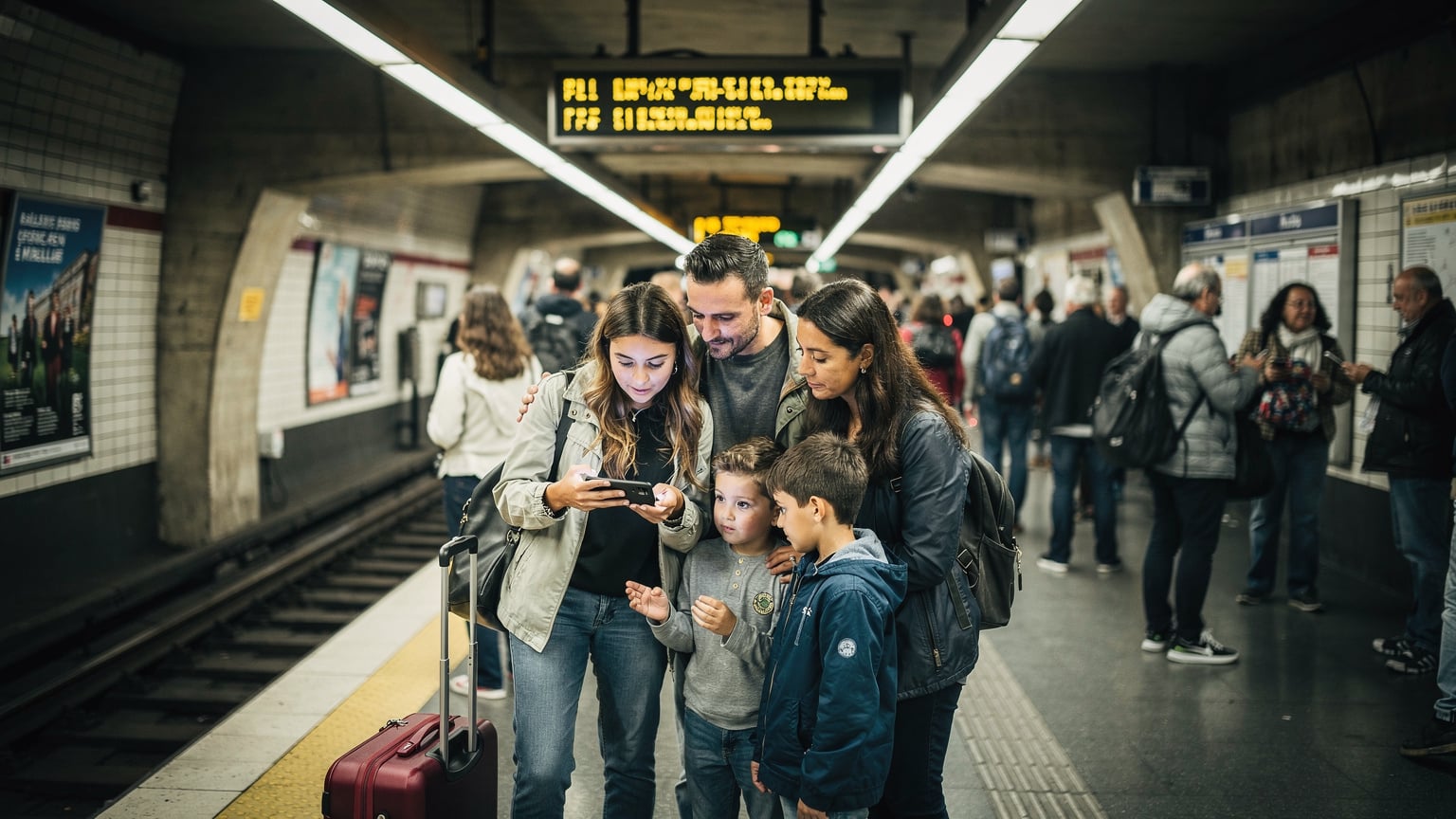 Μια ελληνική οικογένεια με δύο παιδιά στέκεται σε έναν πολυσύχναστο σταθμό του μετρό του Παρισιού, όπως ο Châtelet-Les Halles, και ελέγχει τα δρομολόγια σε ένα smartphone με ενεργή eSIM.