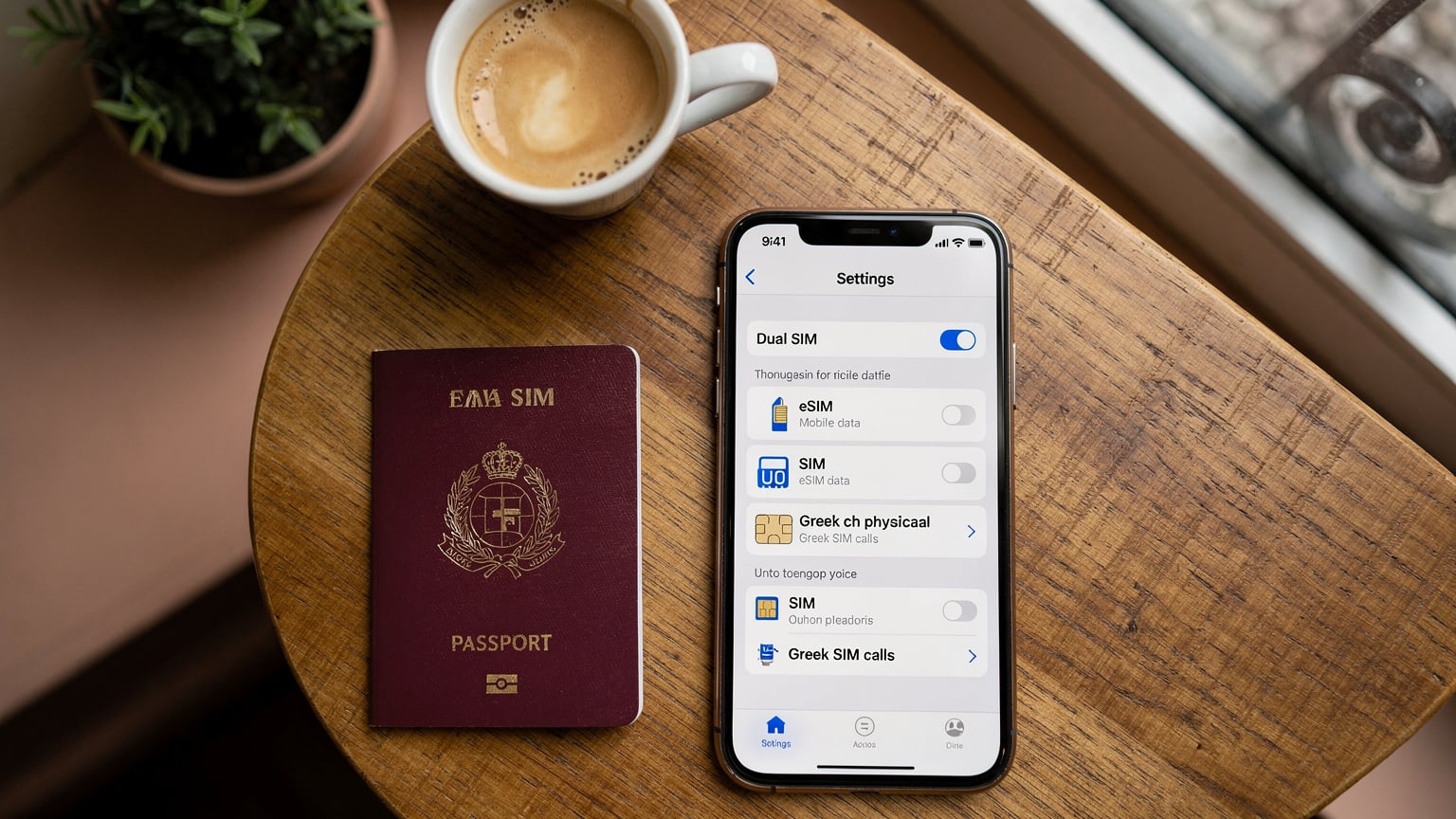 Ένα smartphone εμφανίζει την οθόνη ρυθμίσεων Dual SIM, με την eSIM να είναι επιλεγμένη για δεδομένα και την ελληνική SIM για κλήσεις, σε ένα τραπέζι δίπλα σε ένα ελληνικό διαβατήριο και ένα φλιτζάνι καφέ.