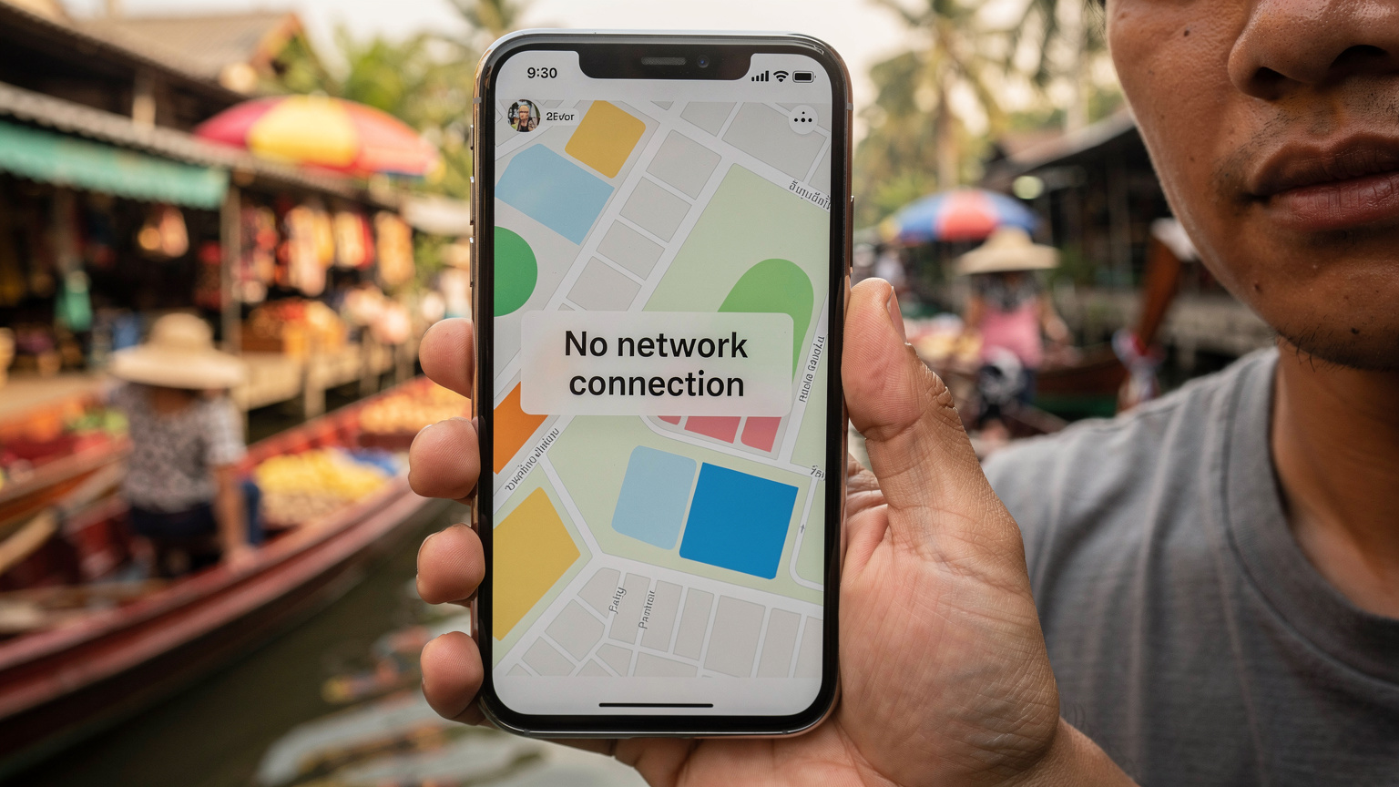 Gros plan sur une application de cartes routières affichant un message d'erreur de chargement, tenue par une personne au visage légèrement frustré, dans une rue animée de Bangkok, près du marché flottant de Damnoen Saduak.