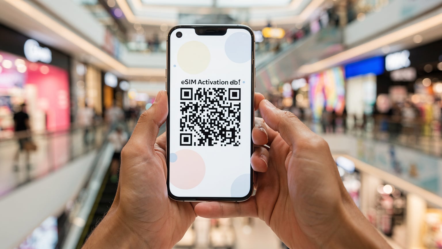 Des mains tenant un smartphone avec un QR code d'activation eSIM affiché, en plein centre commercial MBK à Bangkok, avec l'ambiance animée des boutiques en arrière-plan.