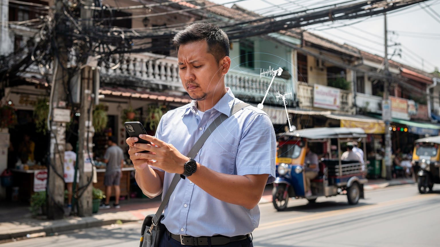 Un ingénieur télécom sur son téléphone dans le quartier de Phra Nakhon, Bangkok, vérifiant la connectivité réseau tout en consultant une carte des antennes, avec des fils électriques aériens emblématiques de la ville en arrière-plan.