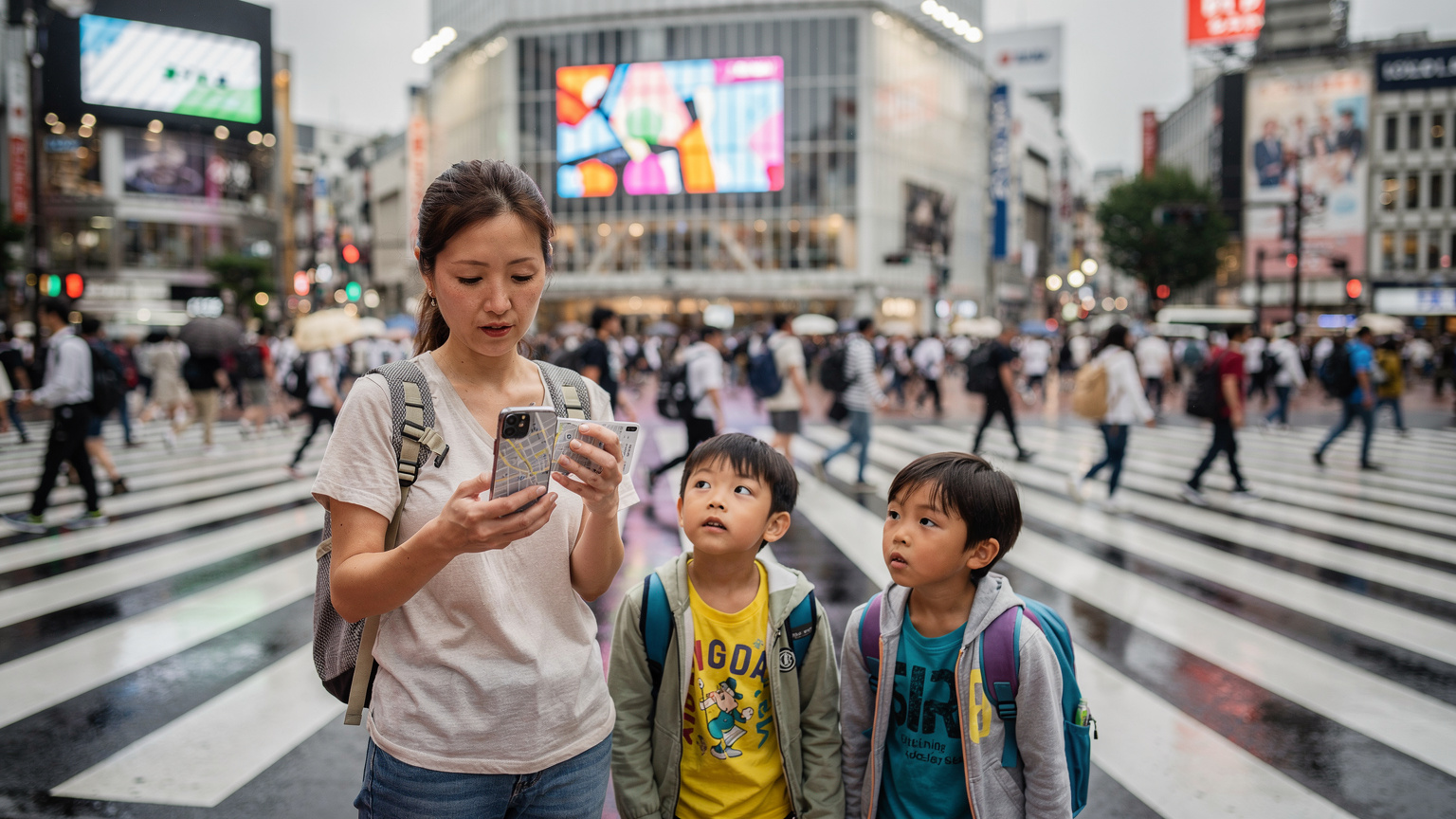 一個家庭在東京澀谷交叉口,媽媽用手機查看地圖,孩子們好奇地張望周圍,展現了家庭旅行中網路的重要性。