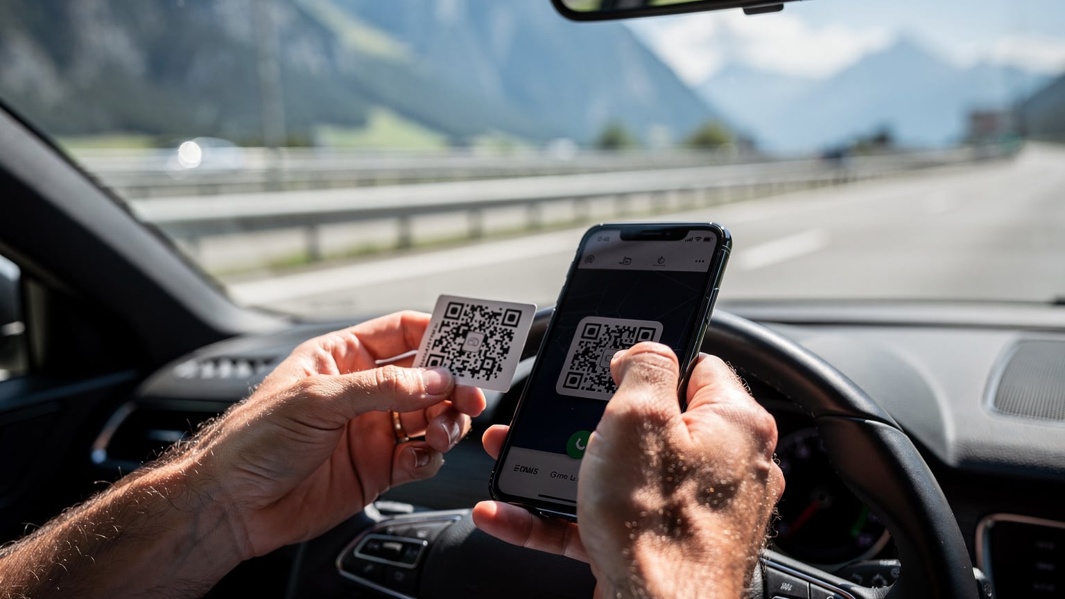 Detailní záběr na ruce cestovatele, který v autě drží chytrý telefon a skenuje QR kód pro aktivaci eSIM karty, s rozmazanou dálnicí v pozadí.