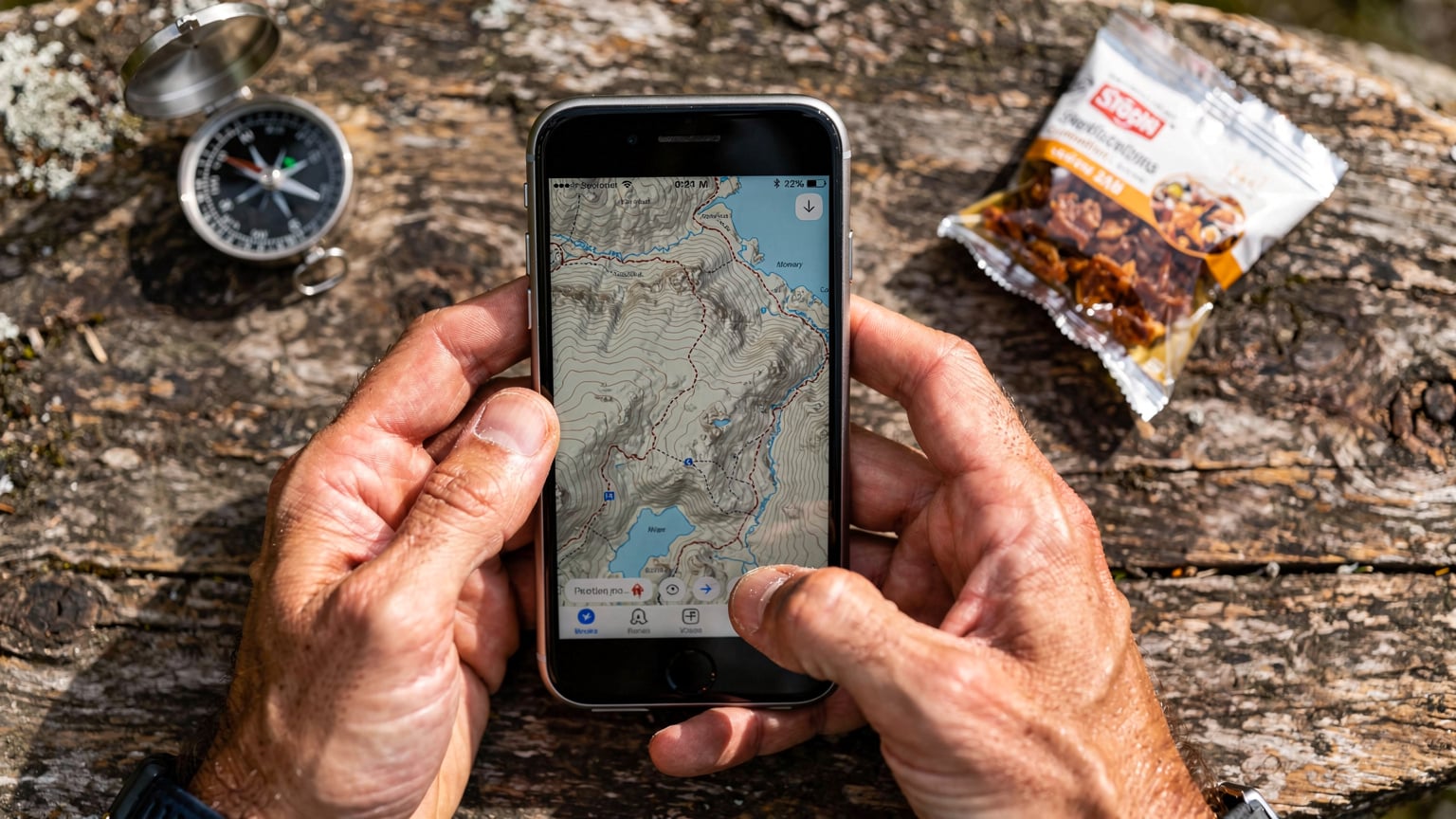 Nærbilde av en manns hender som navigerer på en smarttelefon med et kart over Norge, med et kompass og tørket mat i bakgrunnen.