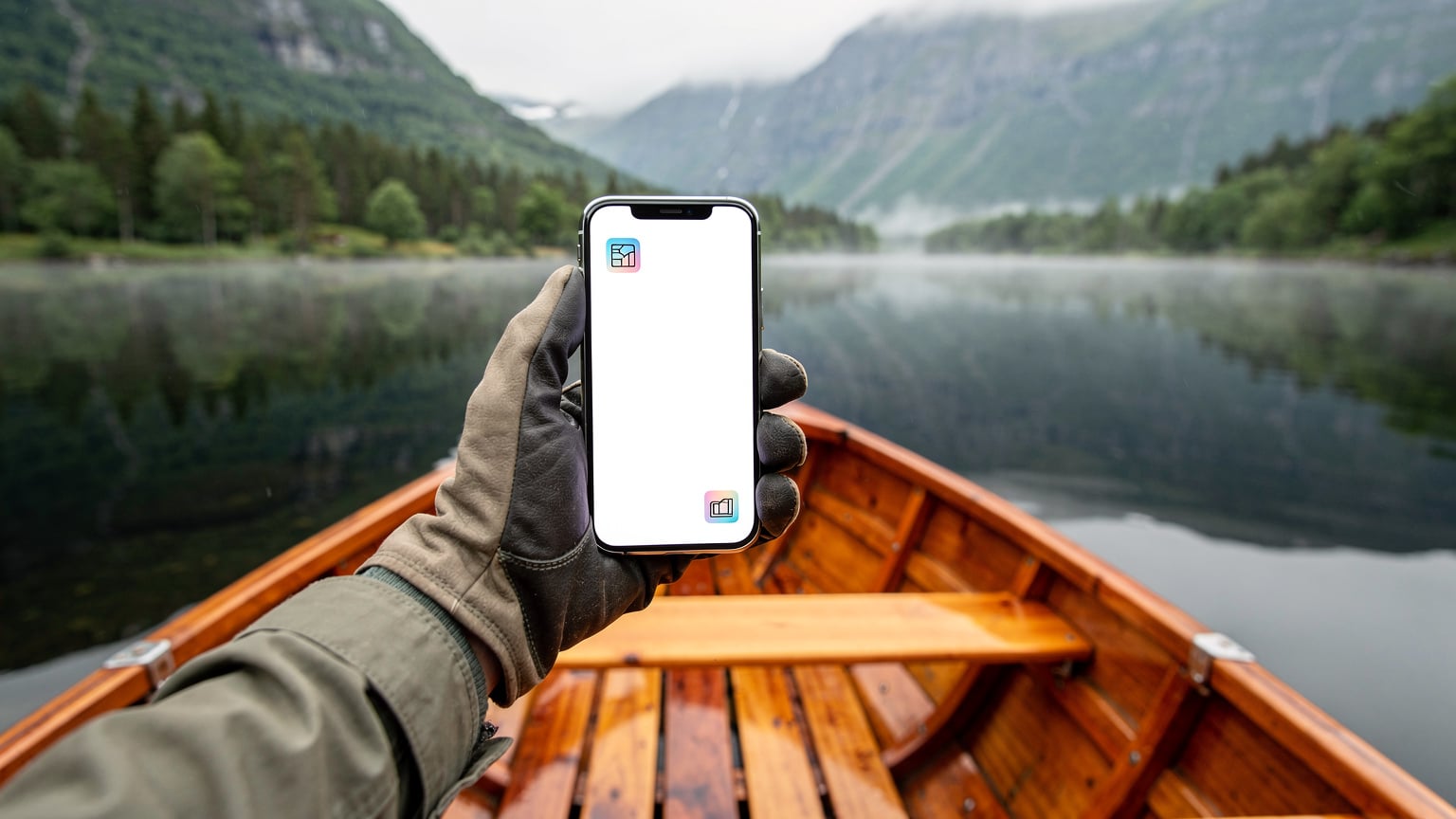 En mobiltelefon med to eSIM-ikoner synlige på skjermen, holdes av en person som sitter i en robåt på et stille norsk fjellvann.