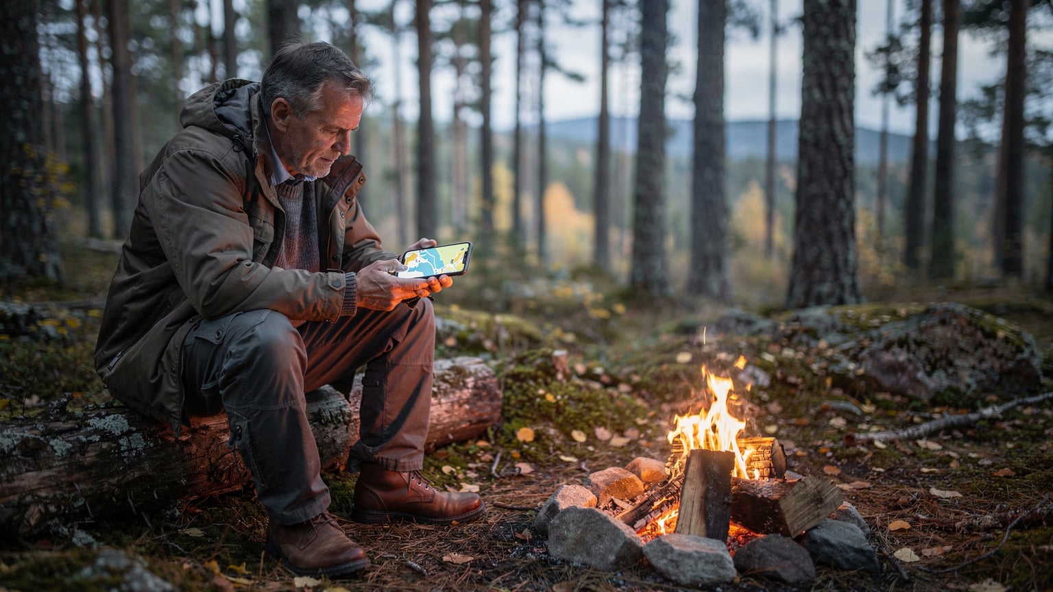 En erfaren jeger holder en moderne smarttelefon og sjekker kartet mens han sitter ved et bål i den norske villmarken.