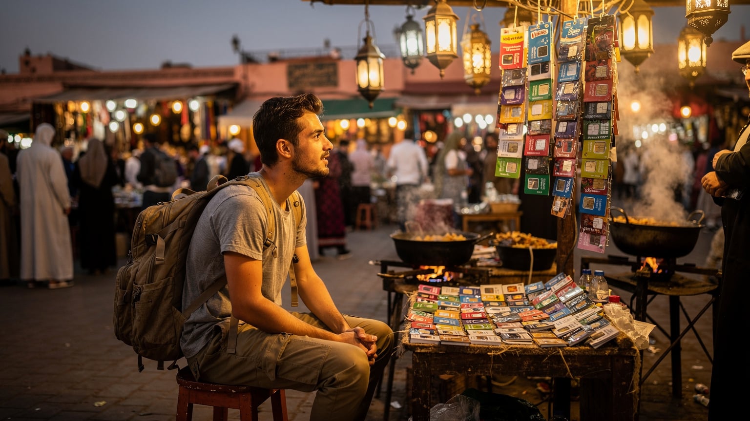 En budgetrejsende sidder ved en lille bod med lokale SIM-kort til salg i en travl gade i Marrakesh, Marokko, om aftenen.