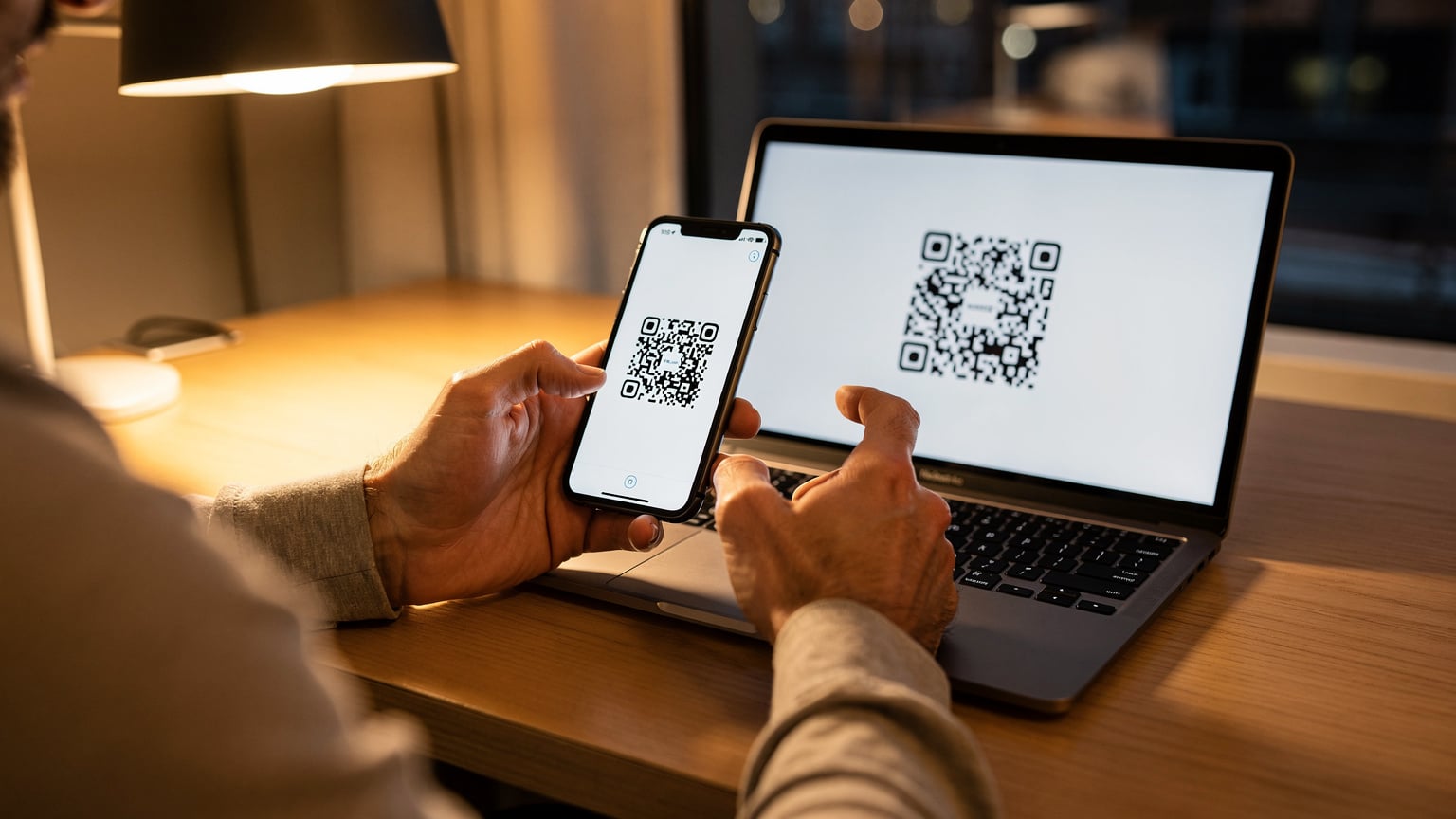 Nærbillede af hænder, der holder en iPhone og scanner en QR-kode fra en bærbar computerskærm for at installere et eSIM i et hotelværelse i København.