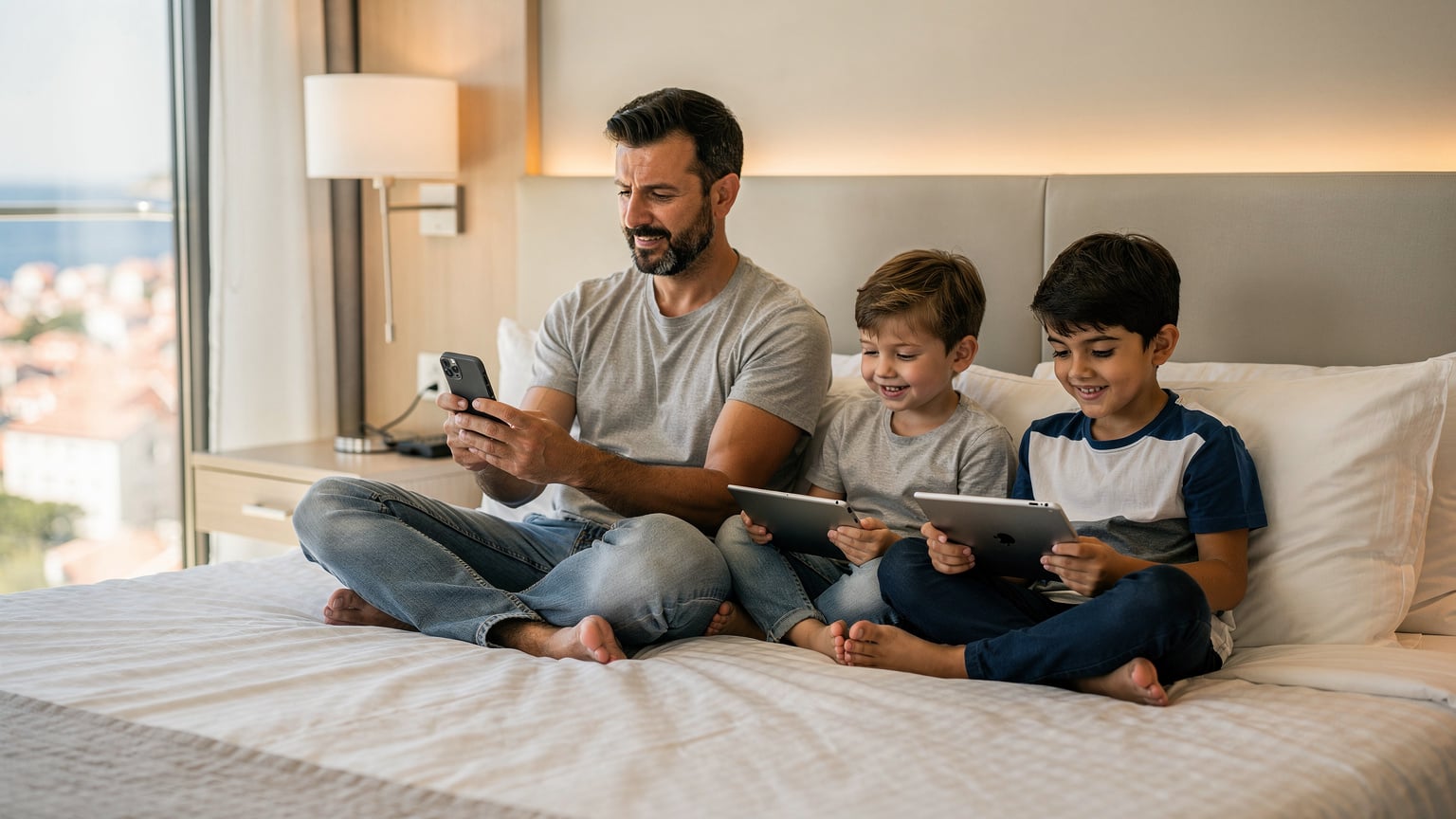 Karadağ'daki bir otel odasında, baba telefonundan hotspot açarak çocuklarının tabletlerine internet sağlıyor.