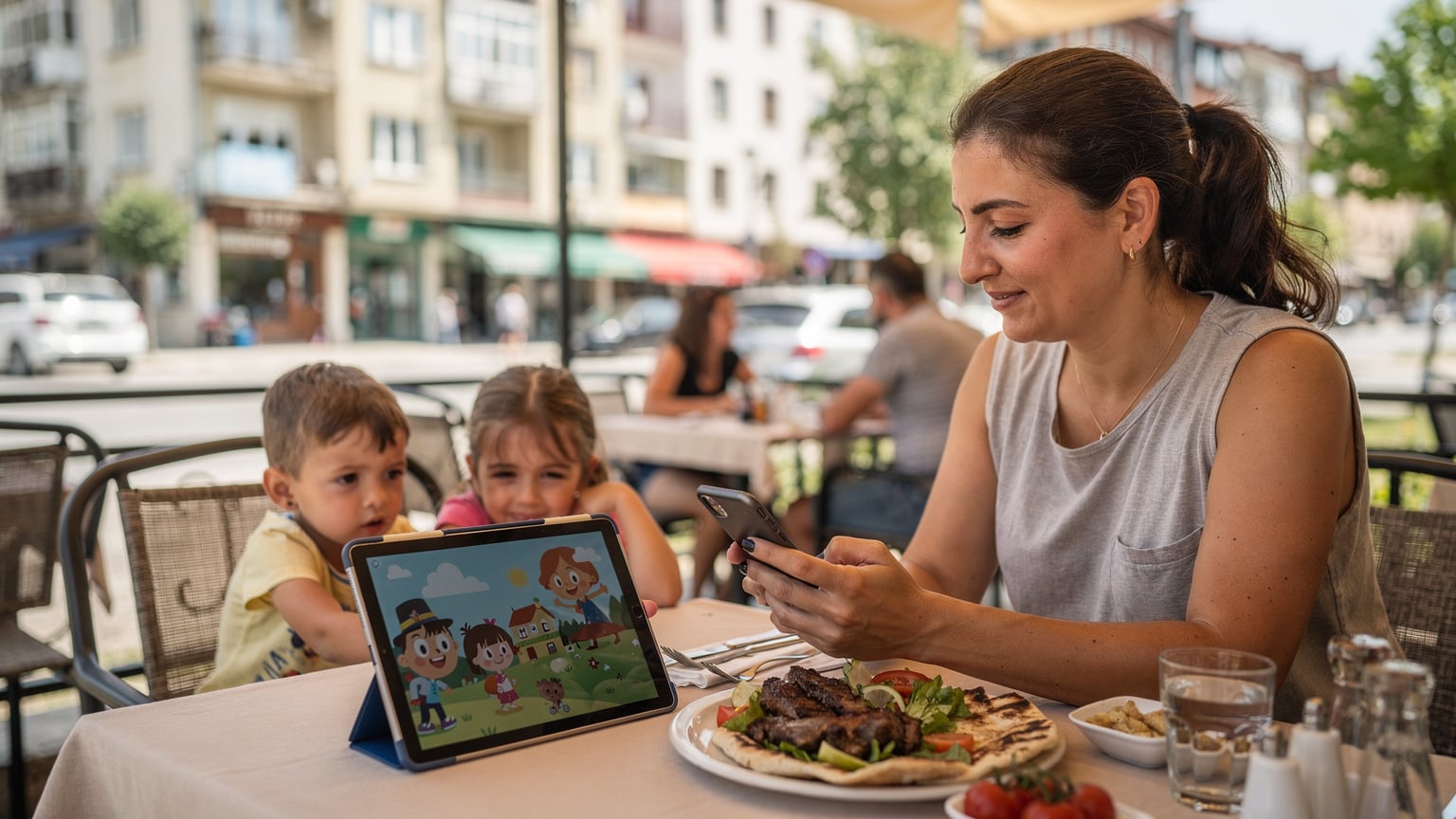 Arnavutluk'ta bir restoranda, annenin elinde tuttuğu telefonla, çocuklarının iPad'ine yansıyan Disney+ ekranını kontrol ettiği an.