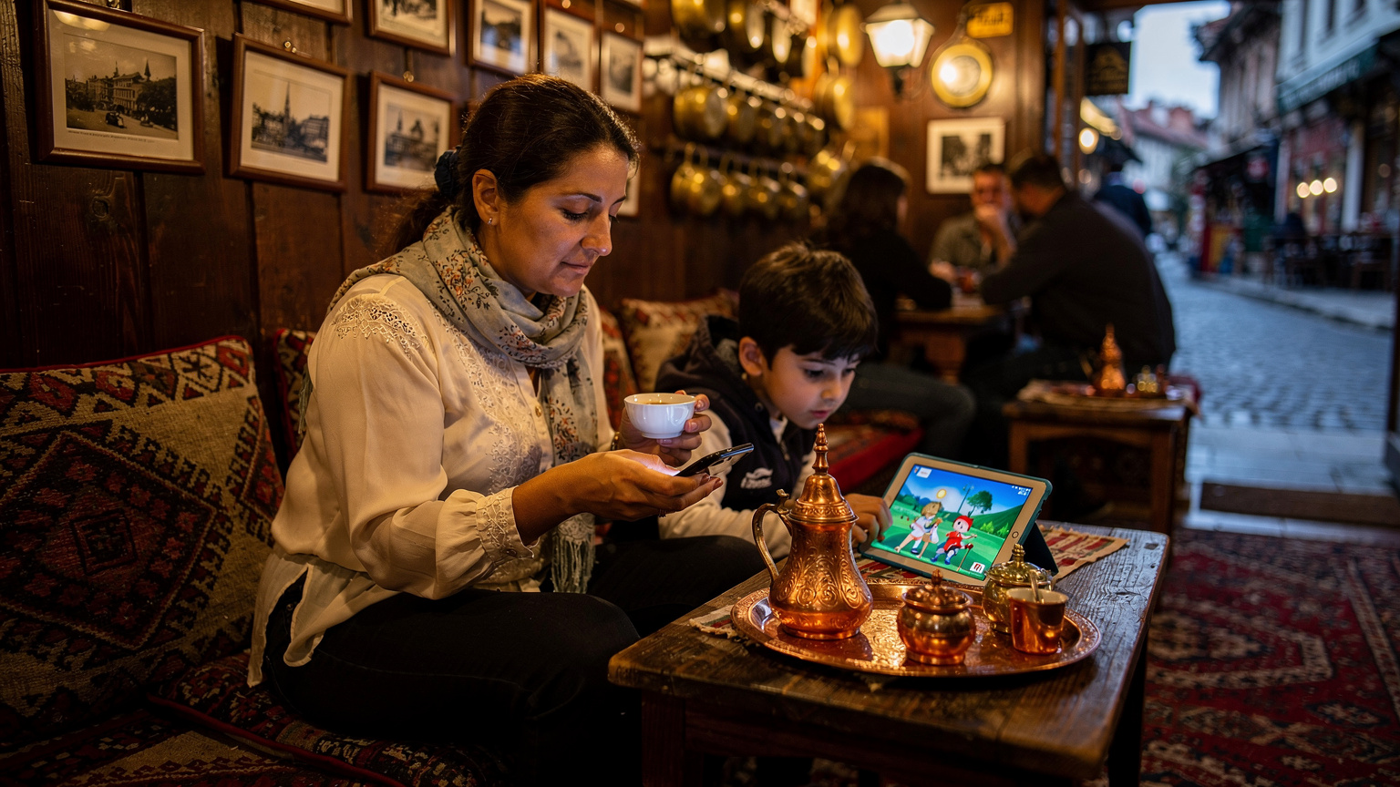Saraybosna'da geleneksel bir kafede, anne kahvesini yudumlarken kucağındaki iPad'de çizgi film izleyen çocuğunun veri bağlantısını kontrol ediyor.