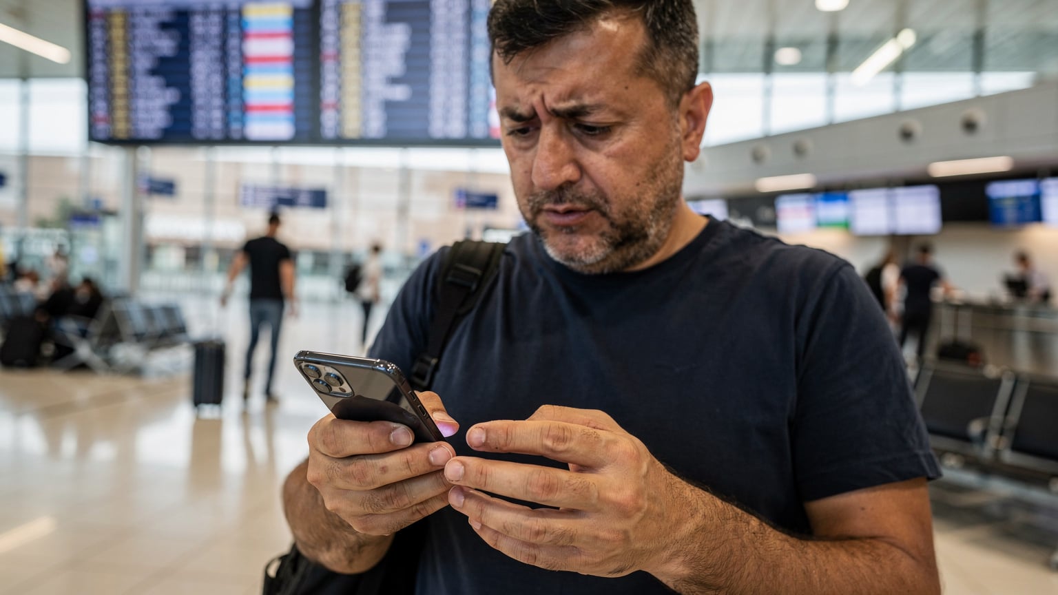 Belgrad Nikola Tesla Havalimanı'nda, bir baba elindeki akıllı telefonundan eSIM ayarlarını kontrol ederken, arka planda uçuş bilgilerinin olduğu bir havalimanı panosu bulanıkça görünüyor.