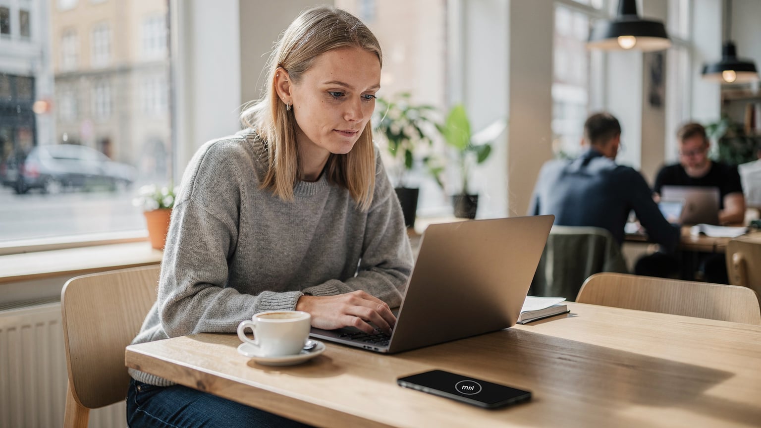 Een digitale nomade werkt op haar laptop in een modern co-working space in Kopenhagen, met een kop koffie en een smartphone met een eSIM-profiel.