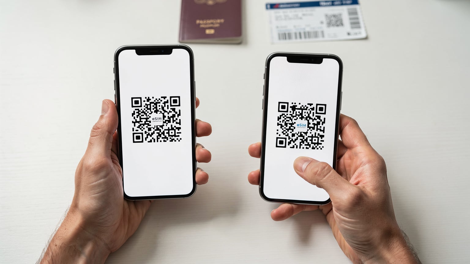 Close-up van handen die een smartphone vasthouden, met een QR-code voor eSIM-activatie duidelijk zichtbaar op het scherm van een tweede apparaat.