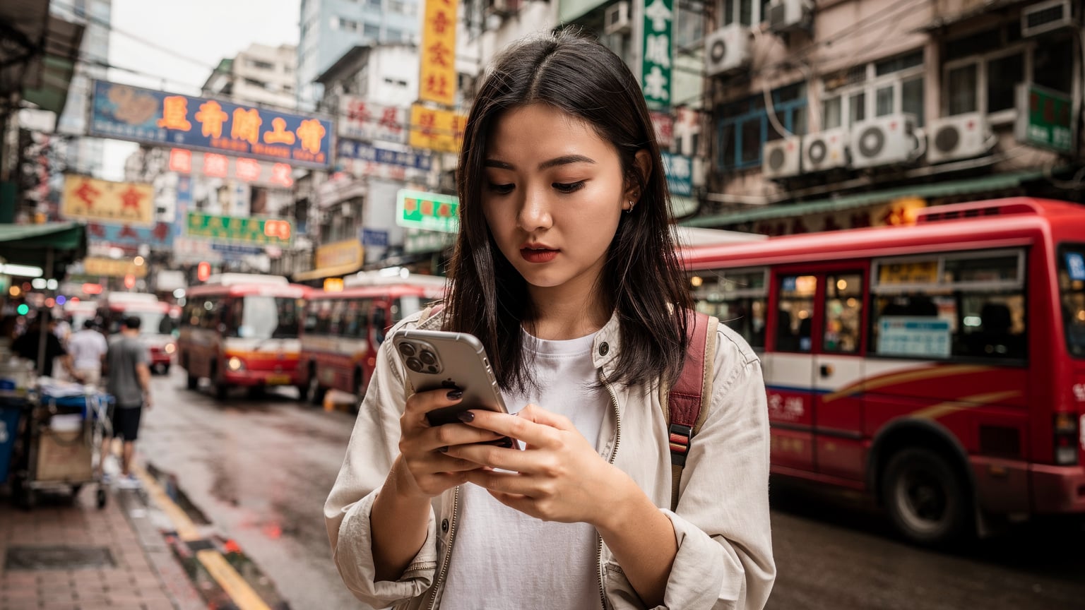 一名女士在香港繁忙的街头,手持iPhone查看eSIM设定,旁边是经典的红色小巴。
