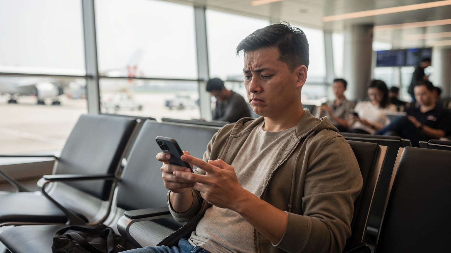 一名旅客在北京機場的登機口,臉上帶著些許困惑,正低頭看著手中的手機,周圍是其他等待登機的乘客。