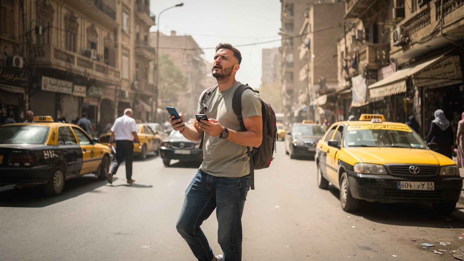 Un voyageur consulte son téléphone pour trouver son chemin dans les rues animées du Caire, au milieu des taxis et des passants.