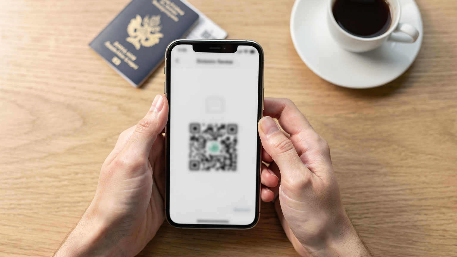 Gros plan sur des mains tenant un smartphone affichant un QR code d'eSIM, prêt à être scanné, avec un passeport et une tasse de café en arrière-plan.