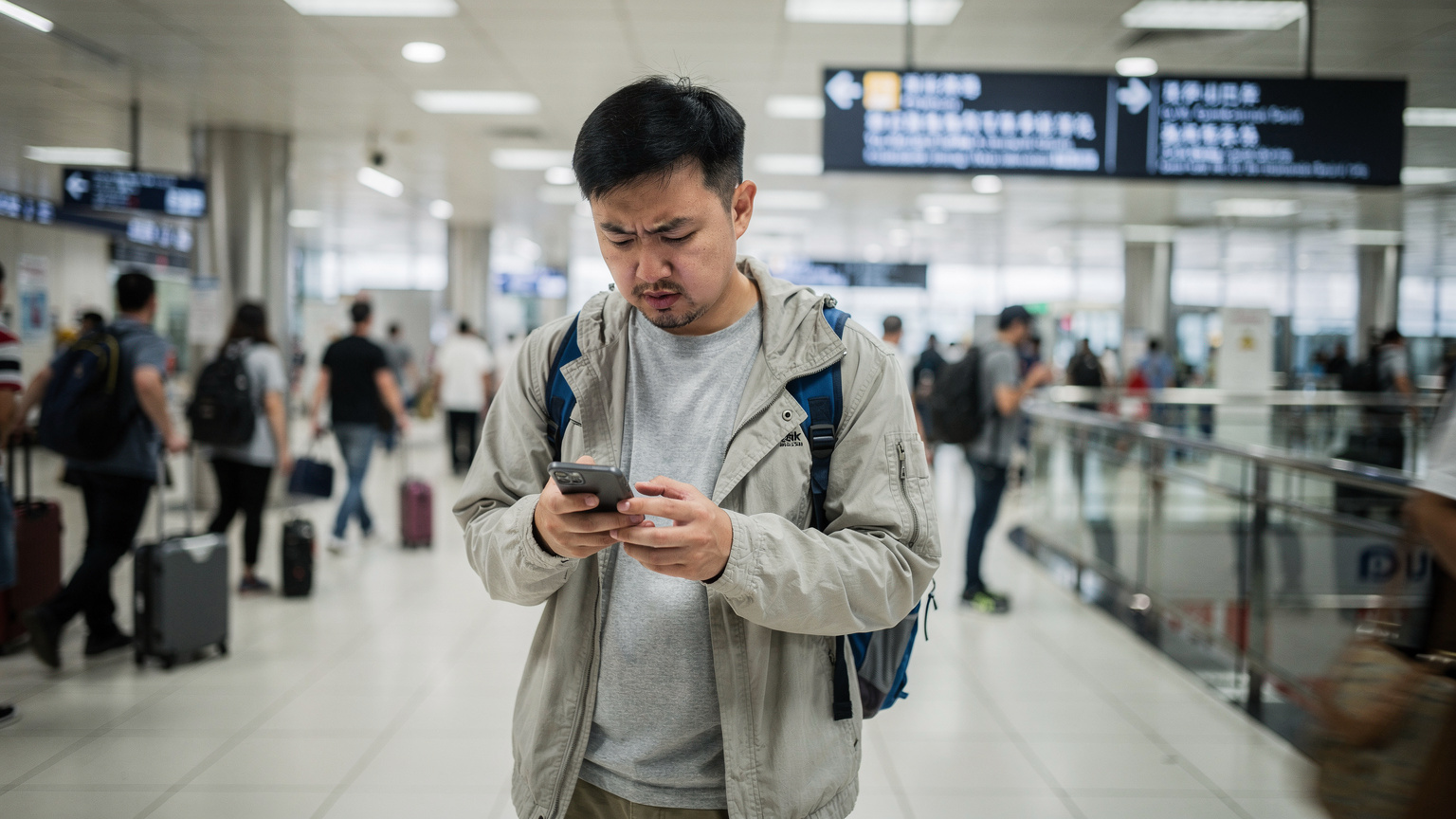 一位大陆游客在香港罗湖口岸,焦急地查看手机,尝试连接网络,背景是繁忙的过境通道。