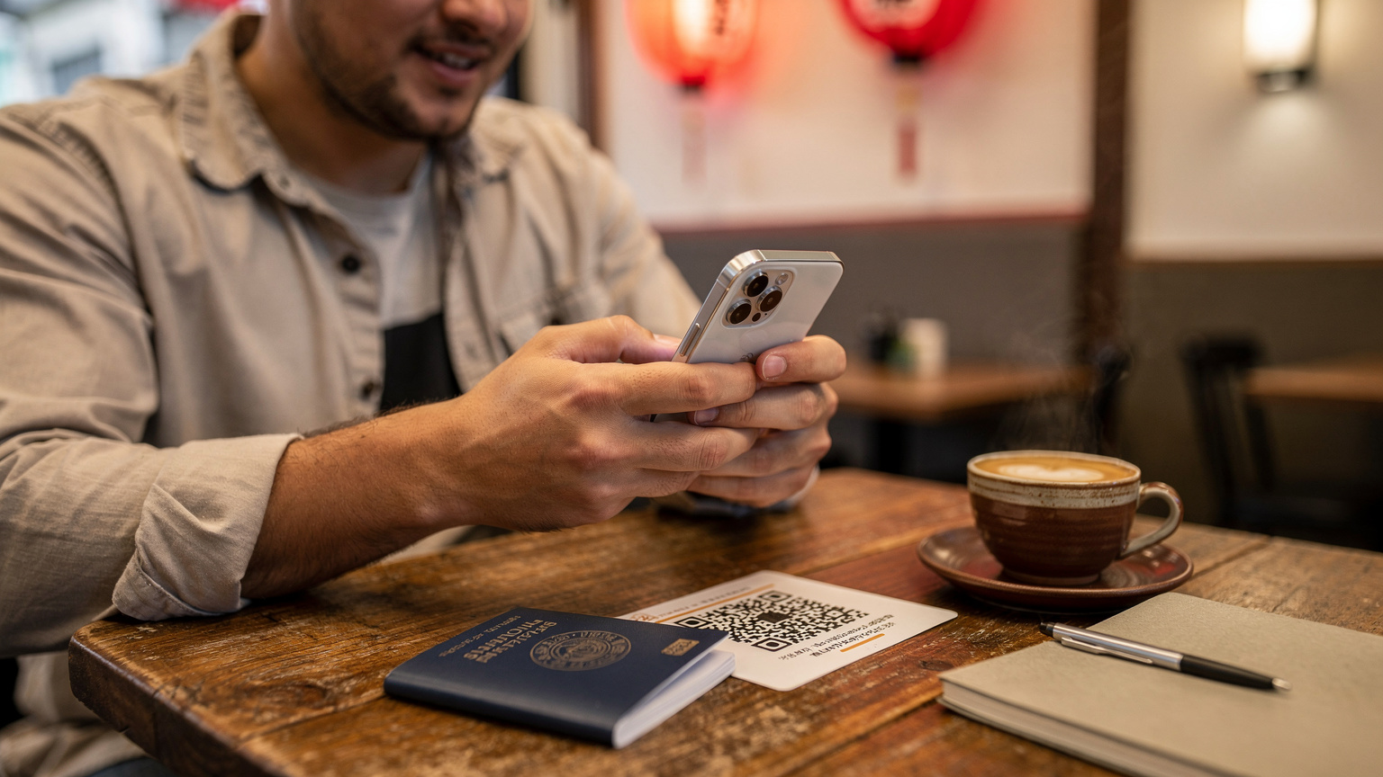 Bir seyahatsever, Sao Paulo'nun canlı Liberdade mahallesindeki bir kafede otururken, akıllı telefonunda bir eSIM'i etkinleştirmek için QR kodunu tarıyor. Masanın üzerinde pasaportu ve bir fincan yerel kahve duruyor.