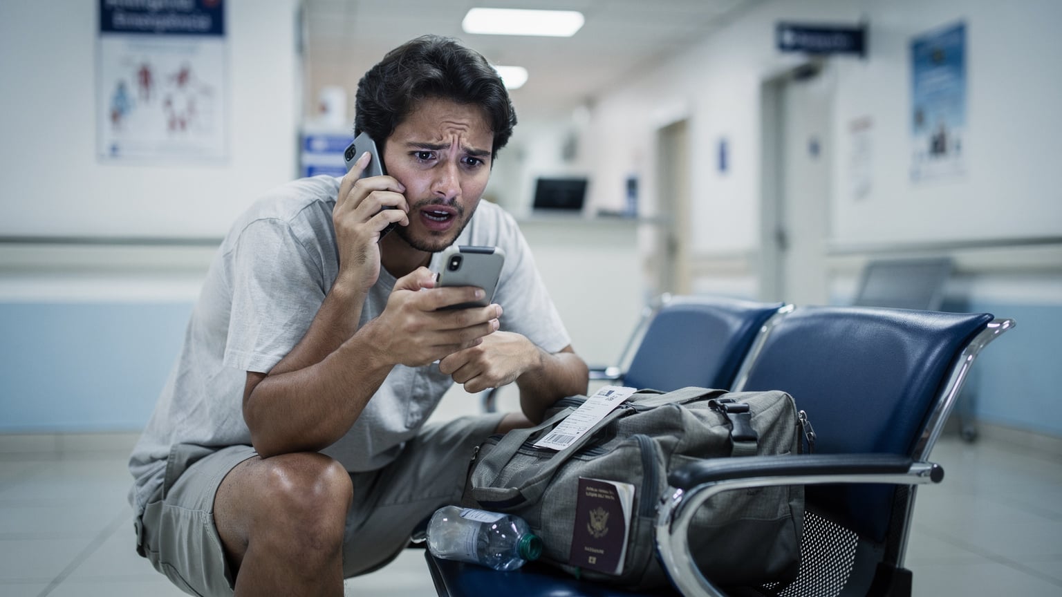 Rio de Janeiro'daki bir hastane bekleme salonunda, bir seyahatsever endişeli bir yüz ifadesiyle cep telefonundan sigorta şirketiyle konuşuyor, yanında bir çanta ve pasaportu duruyor.