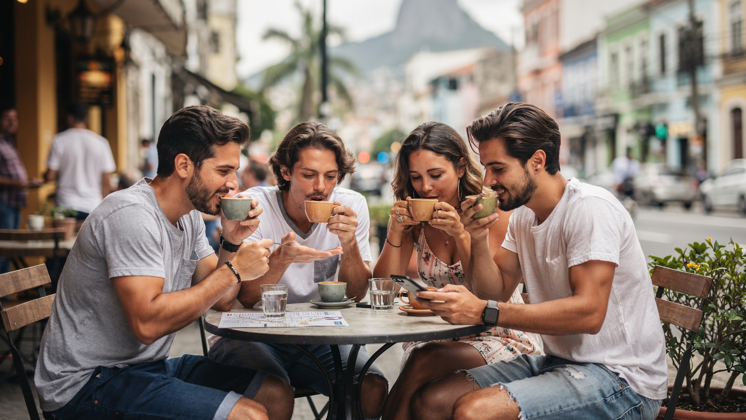 Rio de Janeiro'da hareketli bir sokakta, bir grup gezgin yerel bir kafede oturmuş, kahvelerini yudumlarken akıllı telefonlarından harita ve yorumları kontrol ediyorlar.