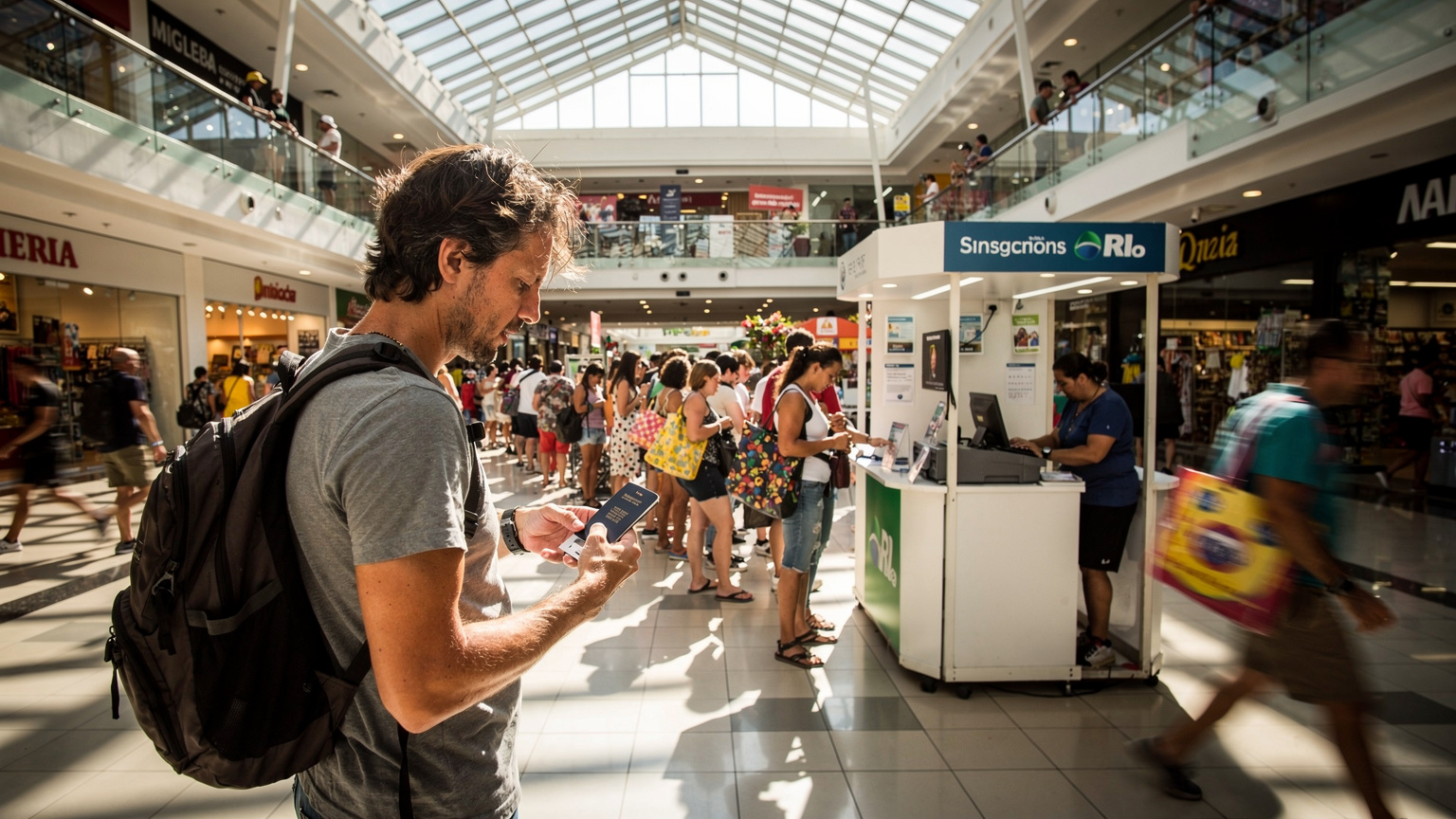 Rio de Janeiro'da kalabalık bir alışveriş merkezinde, bir gezgin yerel bir telefon operatörünün standında SIM kart almak için uzun bir kuyrukta sabırsızca bekliyor, etrafında diğer insanlar hızla geçiyor.