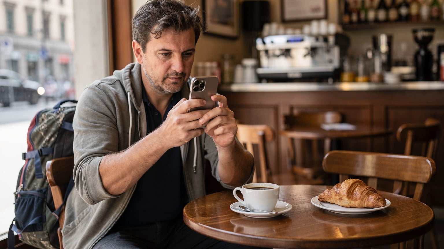 Un viaggiatore guarda con attenzione il suo smartphone mentre scarica una eSIM, seduto comodamente in una caffetteria milanese con un caffè e un cornetto sul tavolo.
