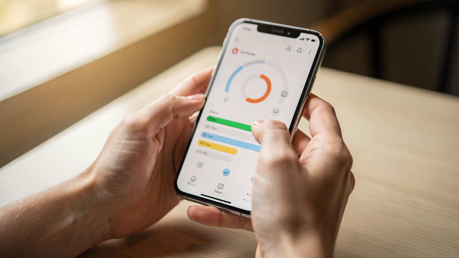 Un primo piano mostra mani che tengono uno smartphone aperto sull'app My Vodafone, con l'interfaccia che mostra i consumi dati e le opzioni di roaming, in una luce calda e naturale.