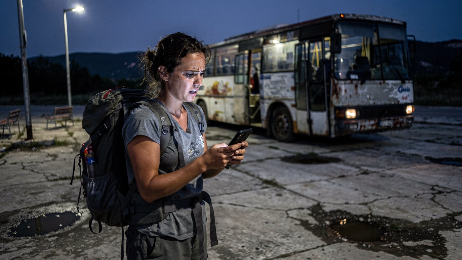 Una viaggiatrice frustrata controlla il suo smartphone con un segnale di rete scarso, in piedi davanti a un vecchio autobus notturno in una stazione isolata, il buio della sera intorno a lei.