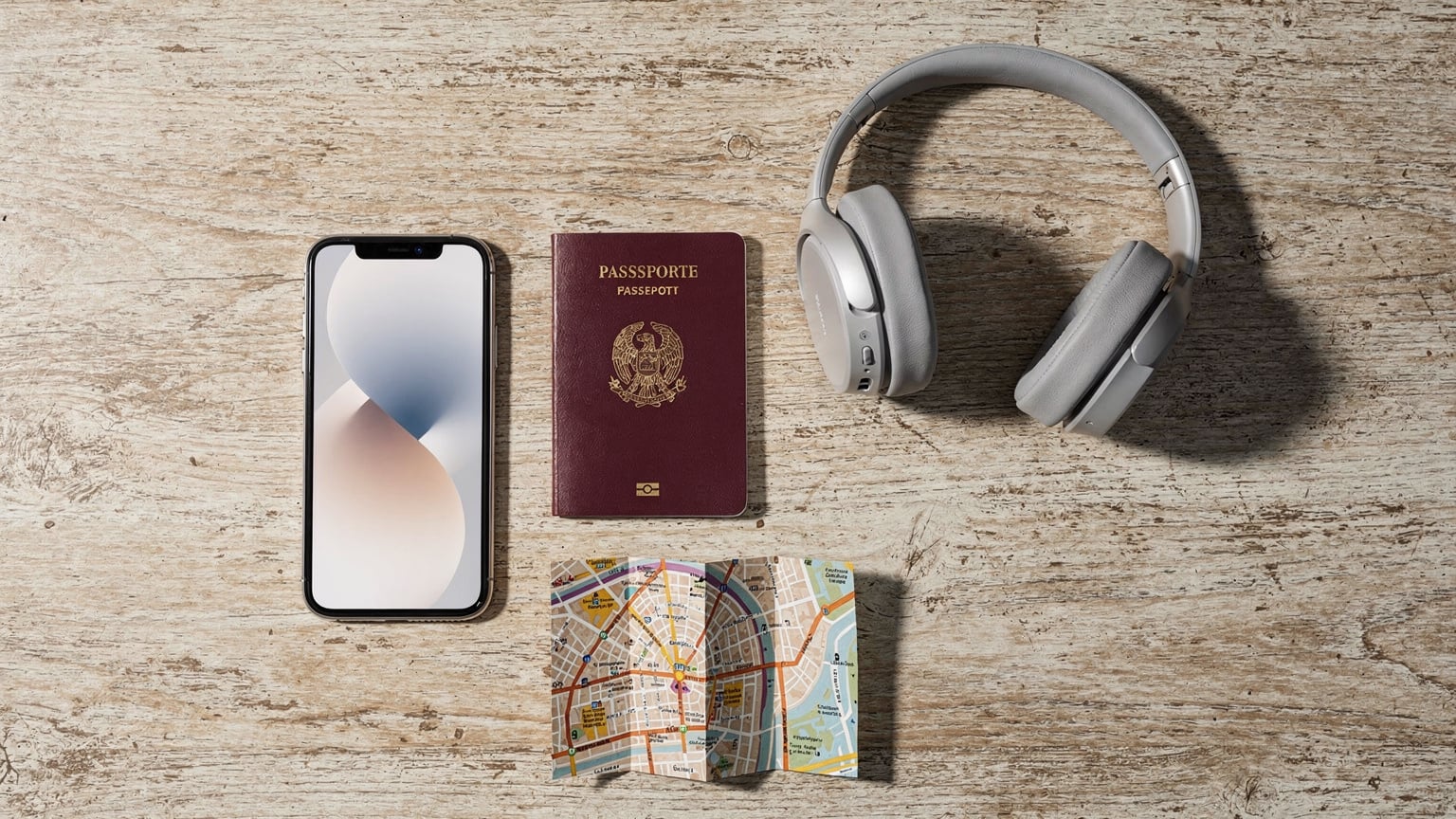 Un overhead flat-lay mostra un passaporto italiano, uno smartphone con l'interfaccia di una eSIM, cuffie e una piccola mappa di una città europea, il tutto su un tavolo di legno chiaro, pronto per il viaggio.