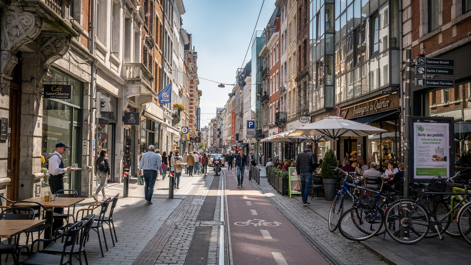 Une rue animée de Bruxelles avec des bâtiments historiques, des passants, et un mélange d'affiches en français et néerlandais.