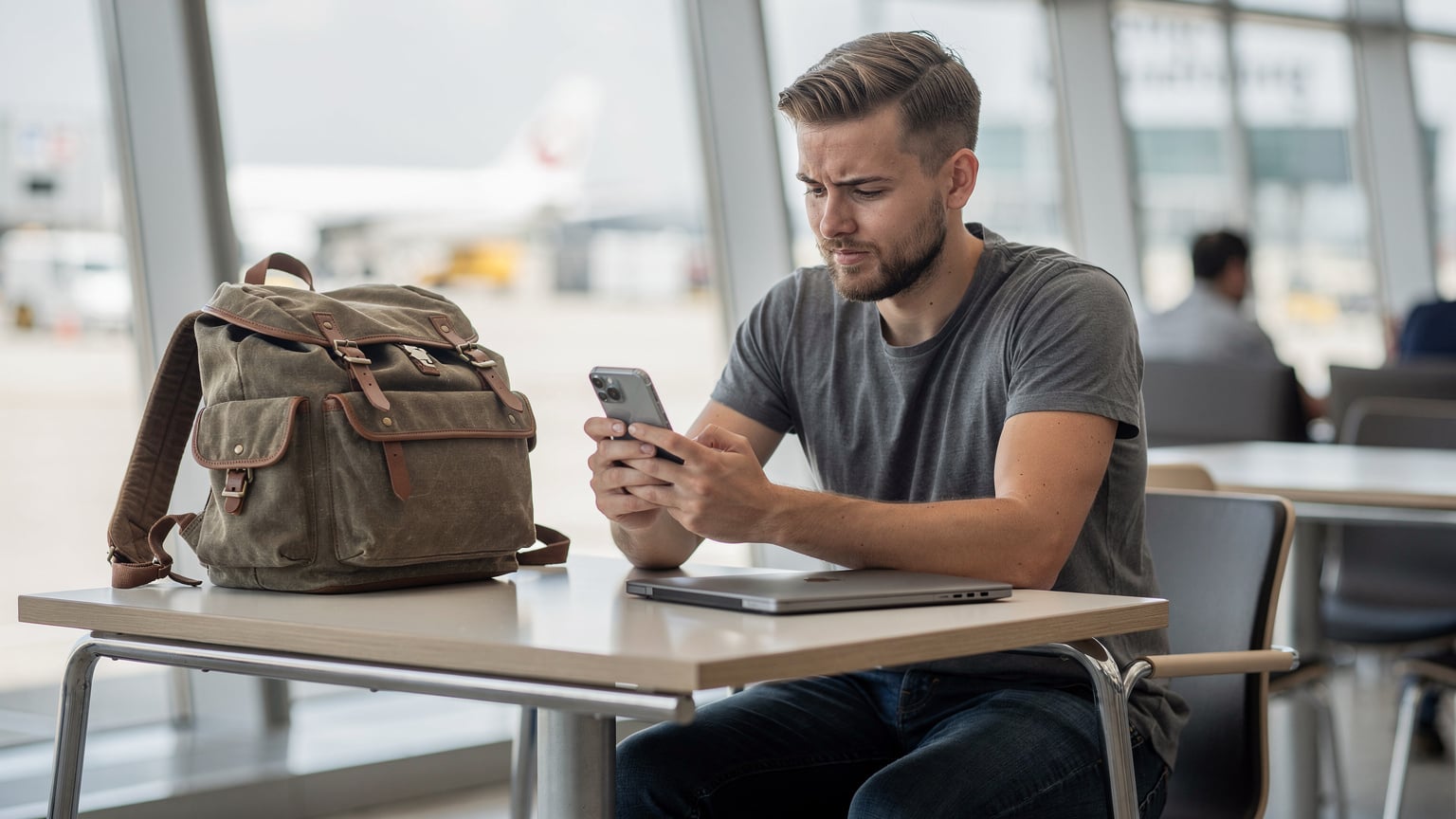 Ein Reisender am Flughafen Berlin Brandenburg (BER) scannt einen eSIM-QR-Code auf seinem Smartphone, während sein Gepäck und ein Laptop im Hintergrund auf einem Tisch liegen.