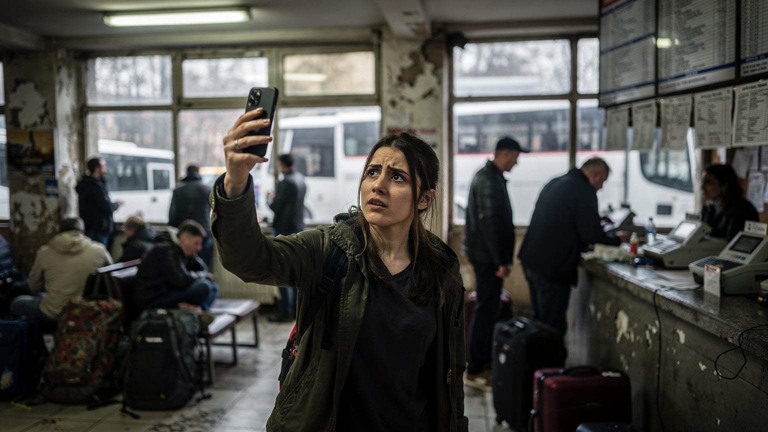 Eine junge Frau steht vor einem chaotischen Schalter an einem osteuropäischen Busbahnhof, blickt besorgt auf ihr Smartphone und versucht, eine Verbindung herzustellen, während im Hintergrund Leute warten und alte Busse stehen.