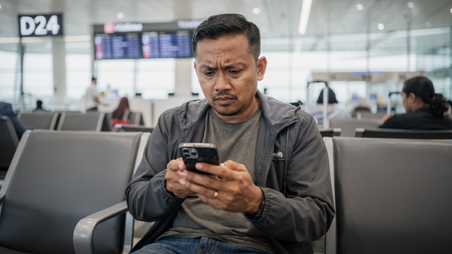 Seorang pria sedang mencoba mengaktivasi paket roaming di aplikasi MyTelkomsel sambil menunggu boarding di Gate D24 Terminal 3 Bandara Soekarno-Hatta, menunjukkan ekspresi sedikit frustrasi.