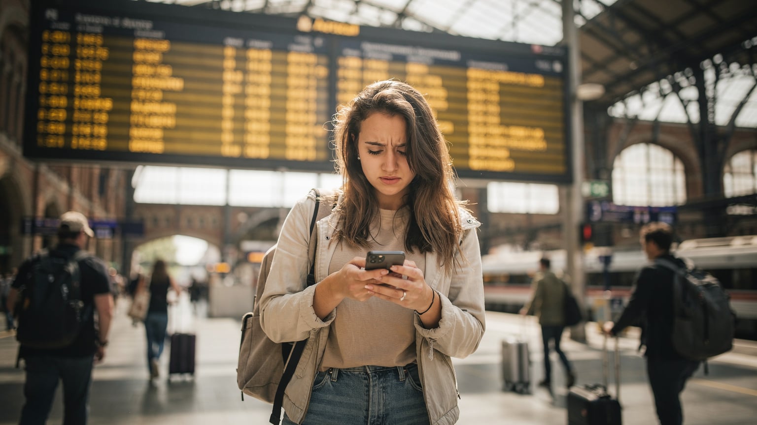 Seorang traveler wanita muda sedang melihat peta di ponselnya dengan ekspresi sedikit bingung di depan papan jadwal kereta NS yang ramai di Stasiun Centraal Amsterdam.