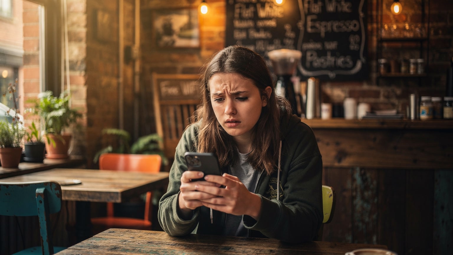 Podróżnik z frustracją patrzy na ekran telefonu, próbując znaleźć działające Wi-Fi w kawiarni w Manchesterze, z widocznym znakiem 'Free WiFi' i menu.